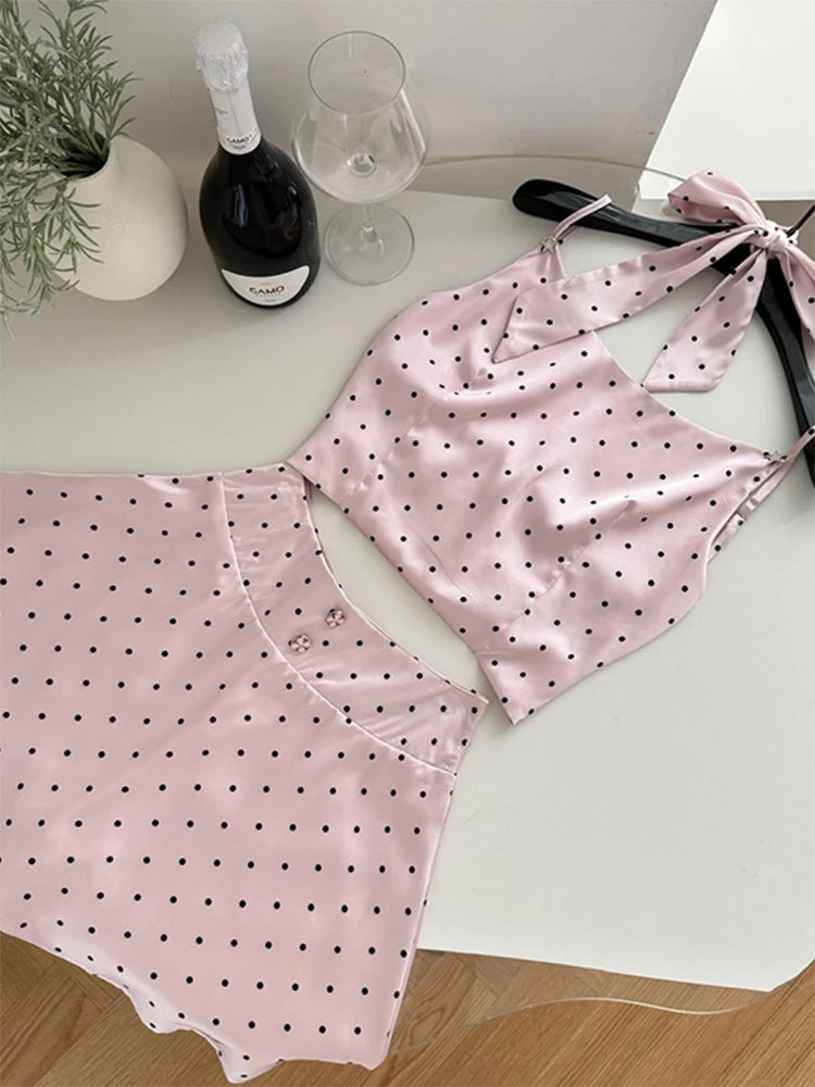 Summer Vacation Korean Rave Gyaru Coquette Birthday 2000s Polka Dot Night Club Outfits 2 Piece Set Camisole + Mini Skirt