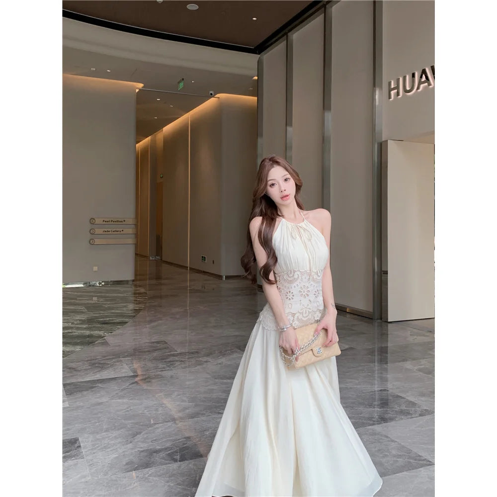 Lace Patchwork Hanging Neck Dress Summer Waist Cinched Sleeveless Spicy Girl Temperament Aline Long Dresses