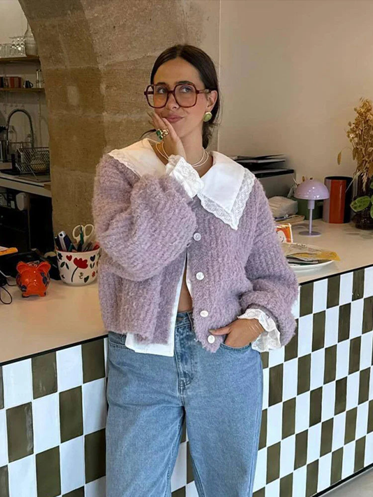 Color Simple Knitted Cardigan Loose Round Neck Single Breasted Sweater Retro Tops Short Sweaters