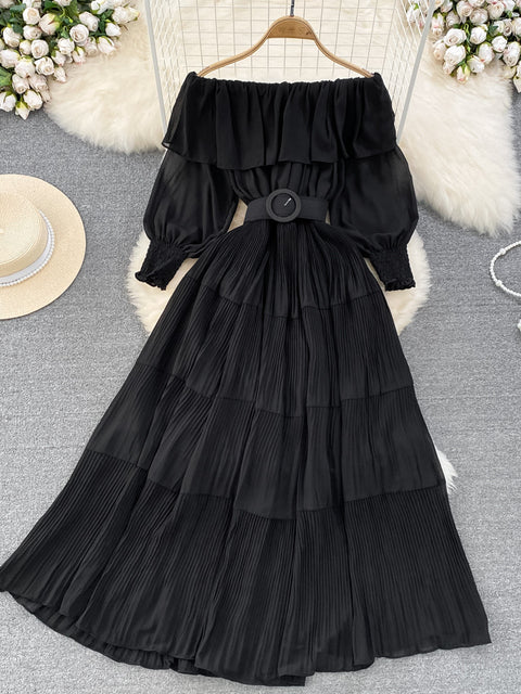 Off Shoulder Dress Chiffon Summer Sweet Lotus Leaf Edge Pleated Dresses Evening Party Long Dress