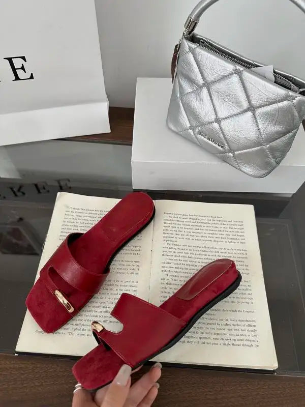 Shoes Woman Slippers Summer Square Toe Slides Rivet Pantofle Flat Designer New Rivet Shoes Slippers Summer Pan