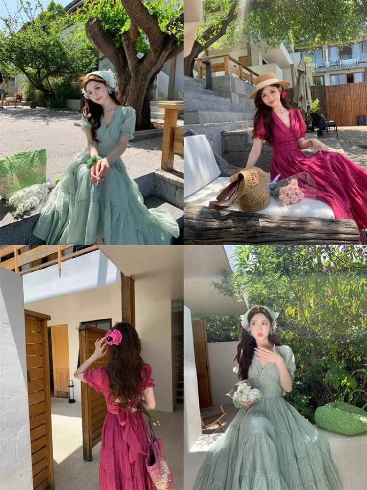 French Evening Party Dress Summer Beach Style Vneck Midi Dress Female Short Sleeve Korean Clothing