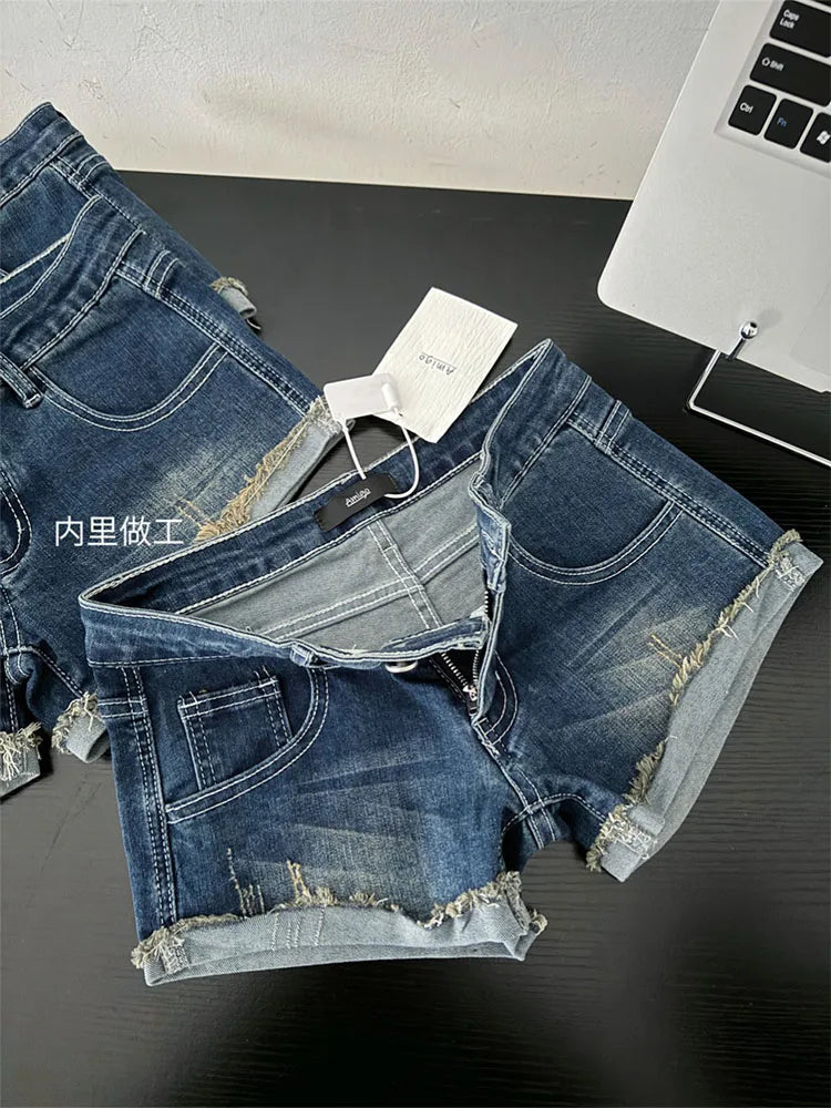 Korean Blue Denim Shorts Coquette Gyaru High Waist Jeans Short Grunge Hot Pants Raw Edge American Retro