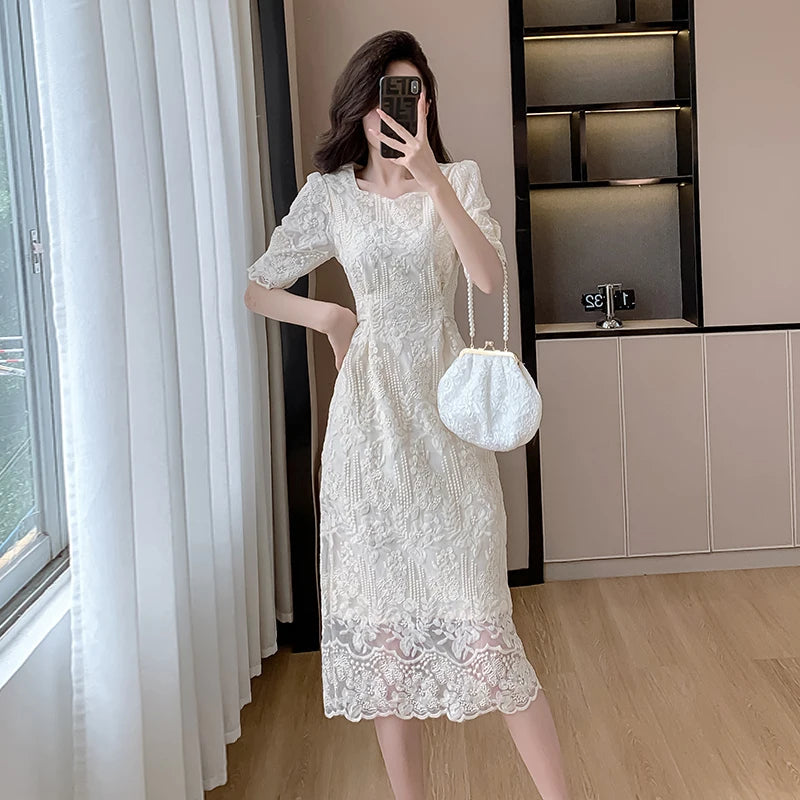 Summer White Lace Hook Flower Hollow Midi Dress Party Evening Dress Korean Festival Dress