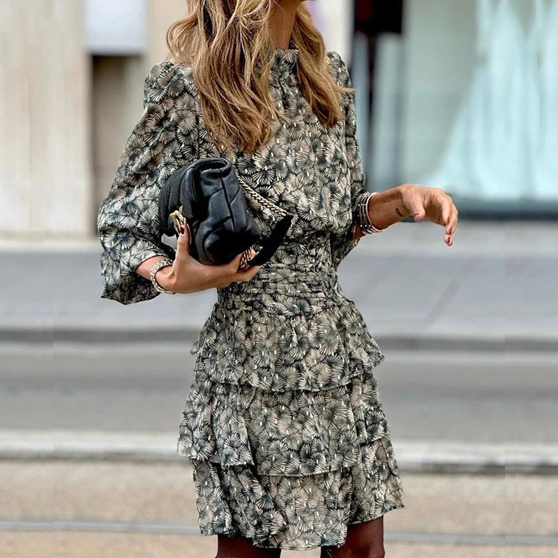 Turtleneck Long Sleeve Layered Cake Dress Temperament High Waist Party Dress New Spring Print Chiffon Mini Dress