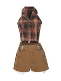 Summer Korean Old Money 2000s Aesthetic Gyaru Suit Vacation Outfits 2 Piece Set Plaid Sleeveless Vest + Hot Shorts