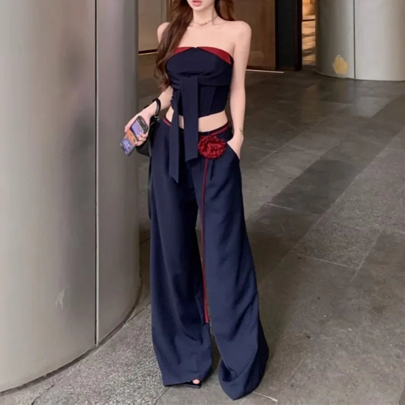 Summer New High Street Lace Up 3d Flower Loose Wide Leg Pants + Patchwork Camisole Twopiece Suit