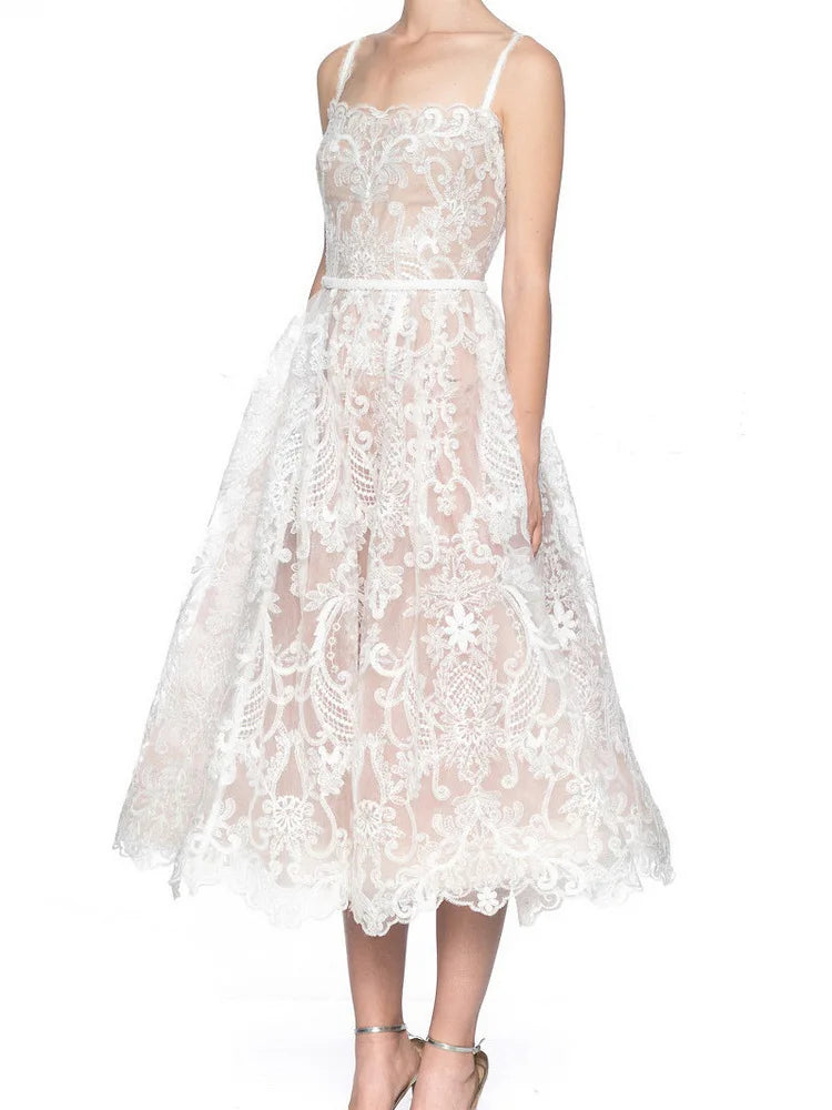 Square Neck Lace Embroidery Long Dress Fairycore Waist Sleeveless Camisole Dresses Spring Summer 23a8639