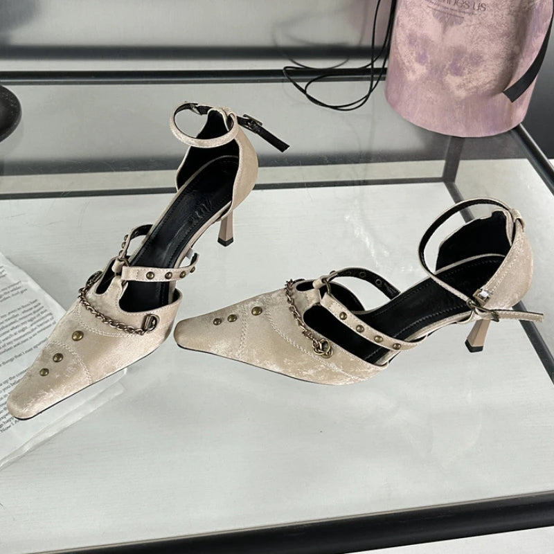 Retro Rivets Metal Chain High Heels Thin Heel Party Dress Shoes Office Shoes Pointed Toe Pump Sandals