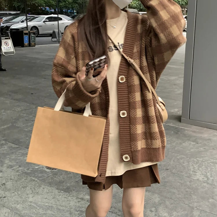 Harajuku Sweet Chessboard Grid Knitted Cardigan Autumn Loose Long Sleeve Sweater Y2k Grunge Single Breasted Cardigans