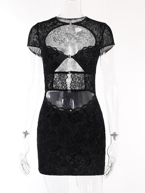 Lace Hollow Out Print Mini Dress for Robe Autumn New Black Strapless Short Sleeve Skinny Club Dress