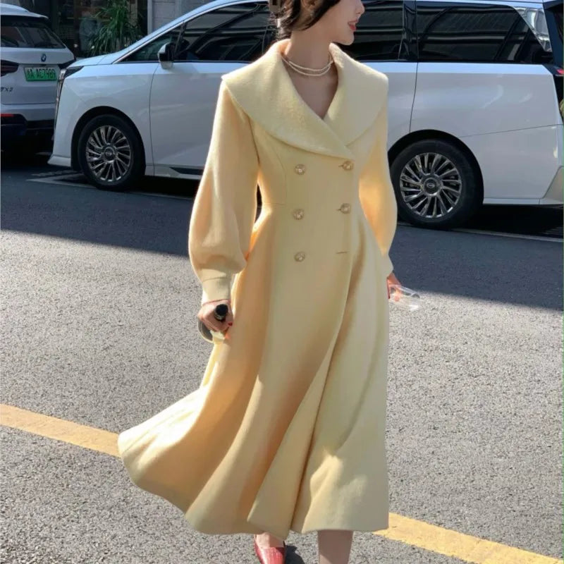 ’s Long Coats Winter New Outerwear Lapel Double Breasted Lantern Sleeve Woolen Overcoats