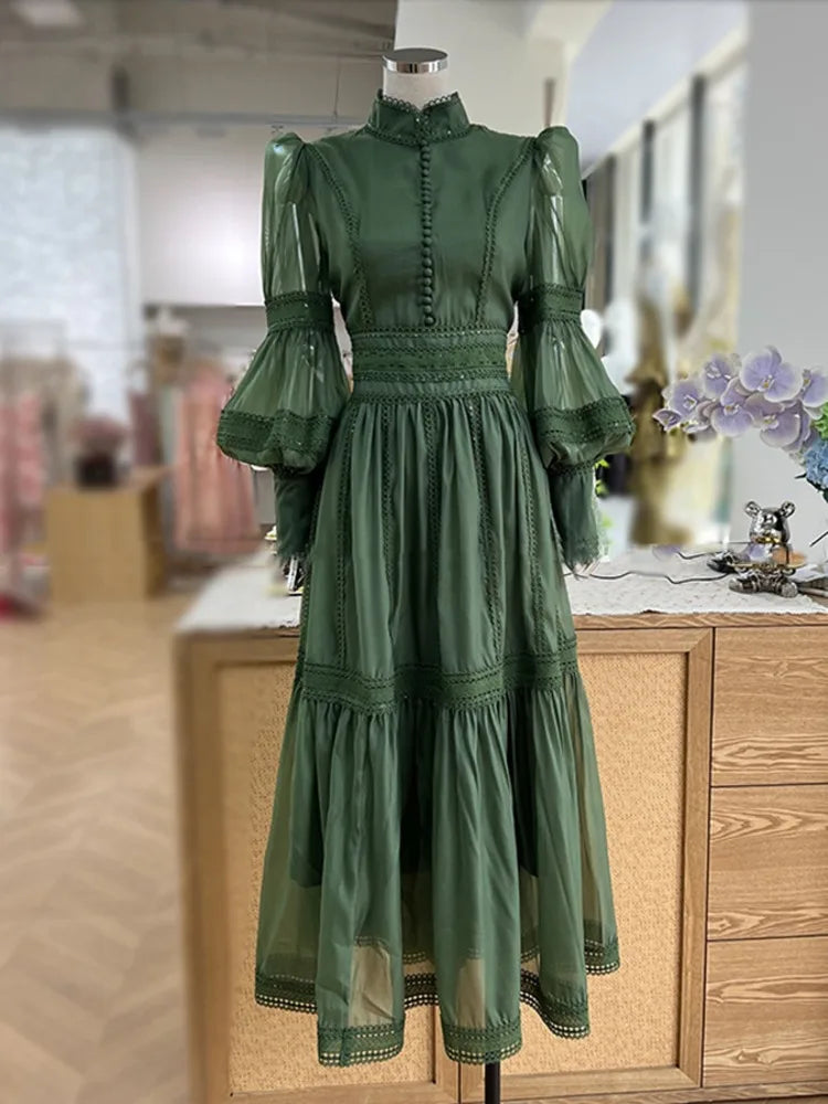 Long Dress Fairy Style Stand Up Collar Lantern Sleeves Splicing Waist Dresses Spring Autumn 1351