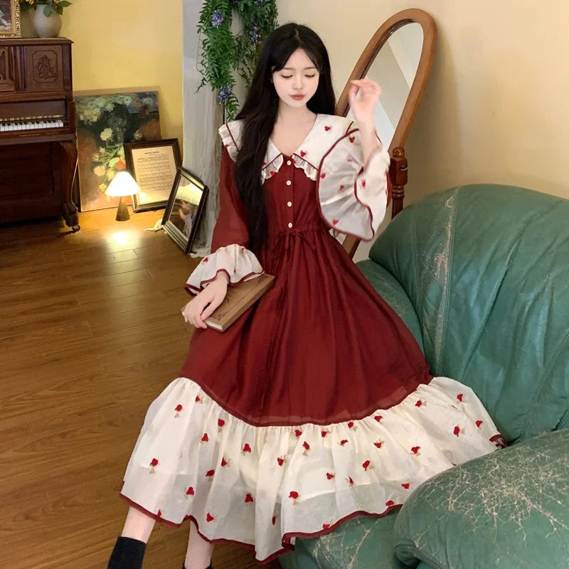 Heavy Industry Embroidery Splicing Contrasting Color Princess Dress Female Doll Collar College Style Sweet Long Dress for