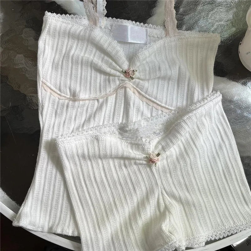 Fairy Grunge Lace Trim Strapless Tube Top + Shorts 90s 2 Piece Set Outfits Chest Wrap Backless Crop Top Camis