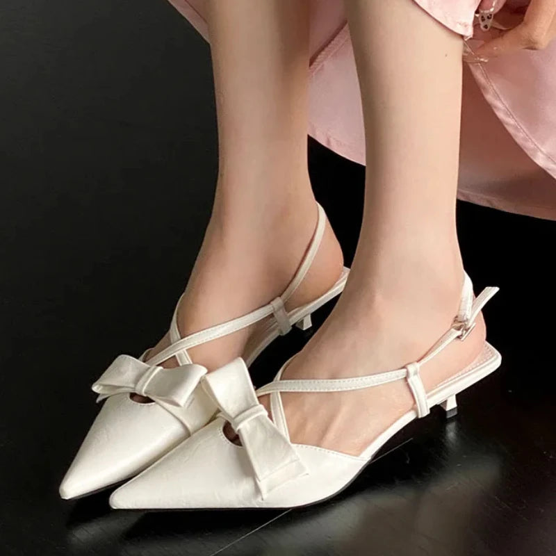 Sandals Butterflyknot Slingback Pointed Toe Pumps Crosstied Low Heeled Dress Shoes Zapatos De Mujer