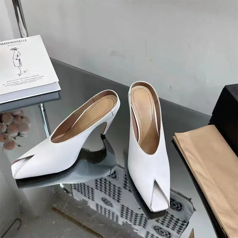 European and American Metal Buckle Slim High Heel Muller Fish Mouth Sandals Pointed Nightclub Runway Shoes