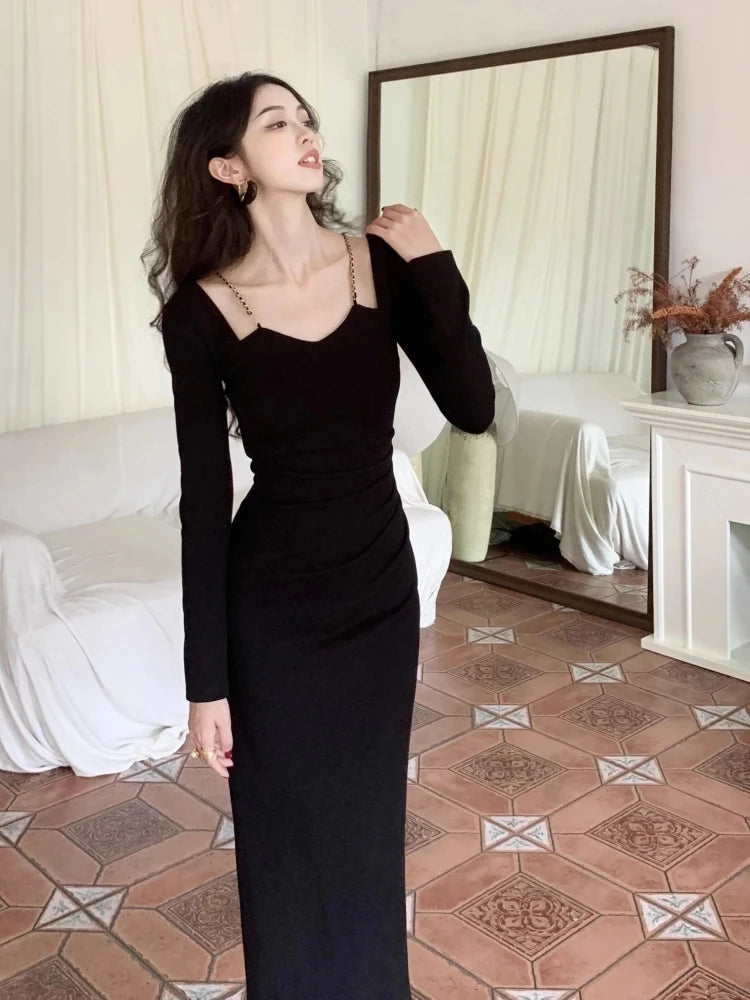 Bodycon Slim Midi Dress French Chain Spaghetti Strap Wedding Party Birthday Evening Prom Robe Sheath Clothing