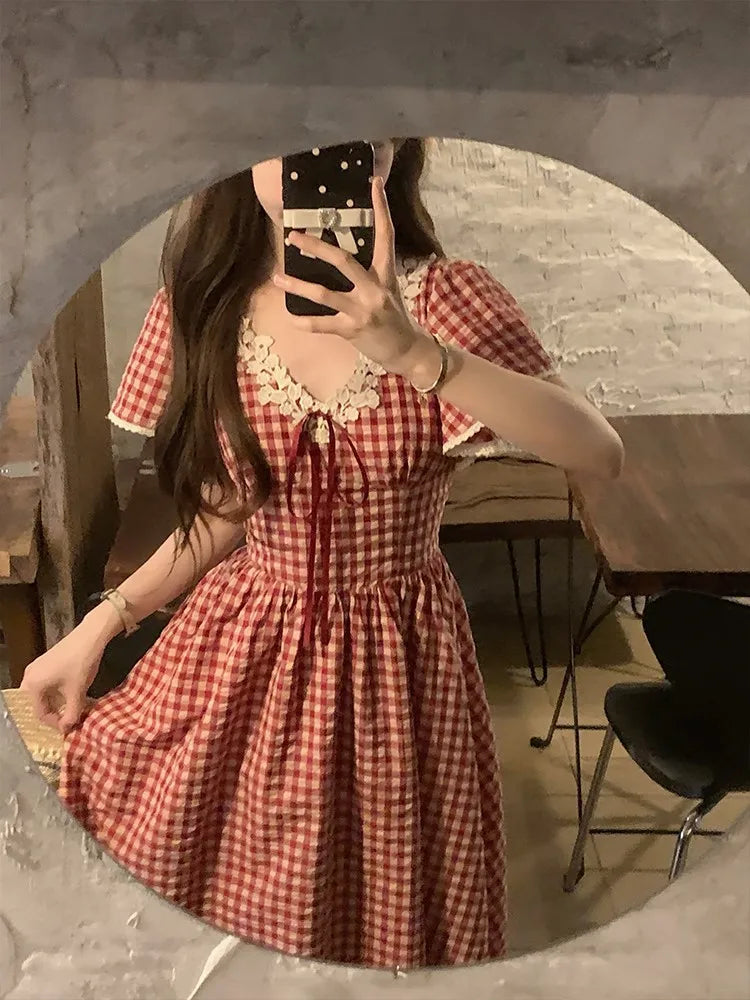 Red Plaid Midi Dresses for Lace Patchwork Vneck Aline Sweet Summer New Party Dress Kawaii Vestidos Mujer