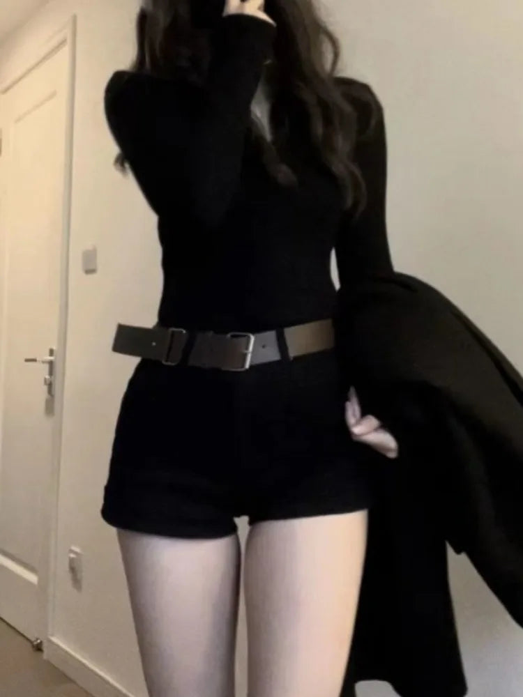 Korean Simple Vneck Long Sleeve Slim Fit Black Tops + Y2k Grunge High Waist Split Shorts Summer New Two Piece Sets