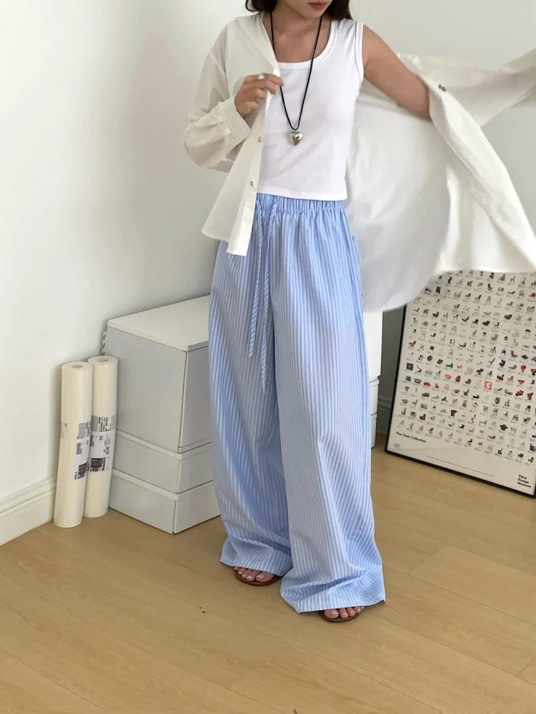Korean Summer Age Reducing Temperament Elastic Waist Drawstring Loose Versatile Striped Pants Floor