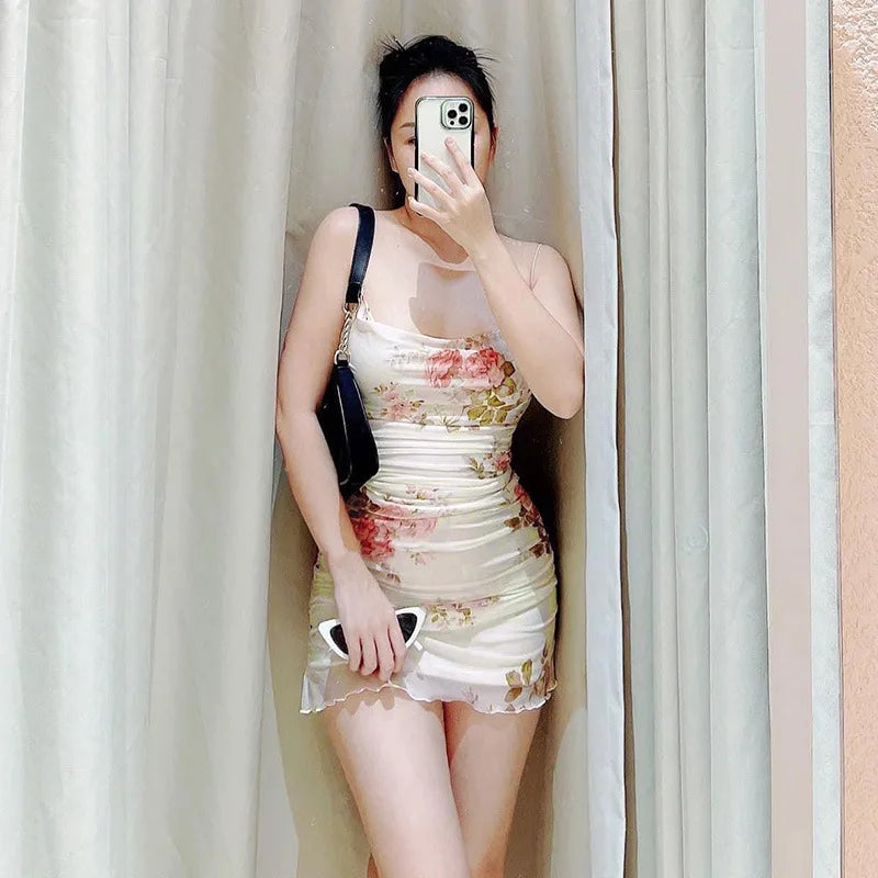 2000s Mini Dress Y2k Aesthetic Sleeveless Ruffles Hem Kawaii Sundress Sweet Girl Fairycore Dresses
