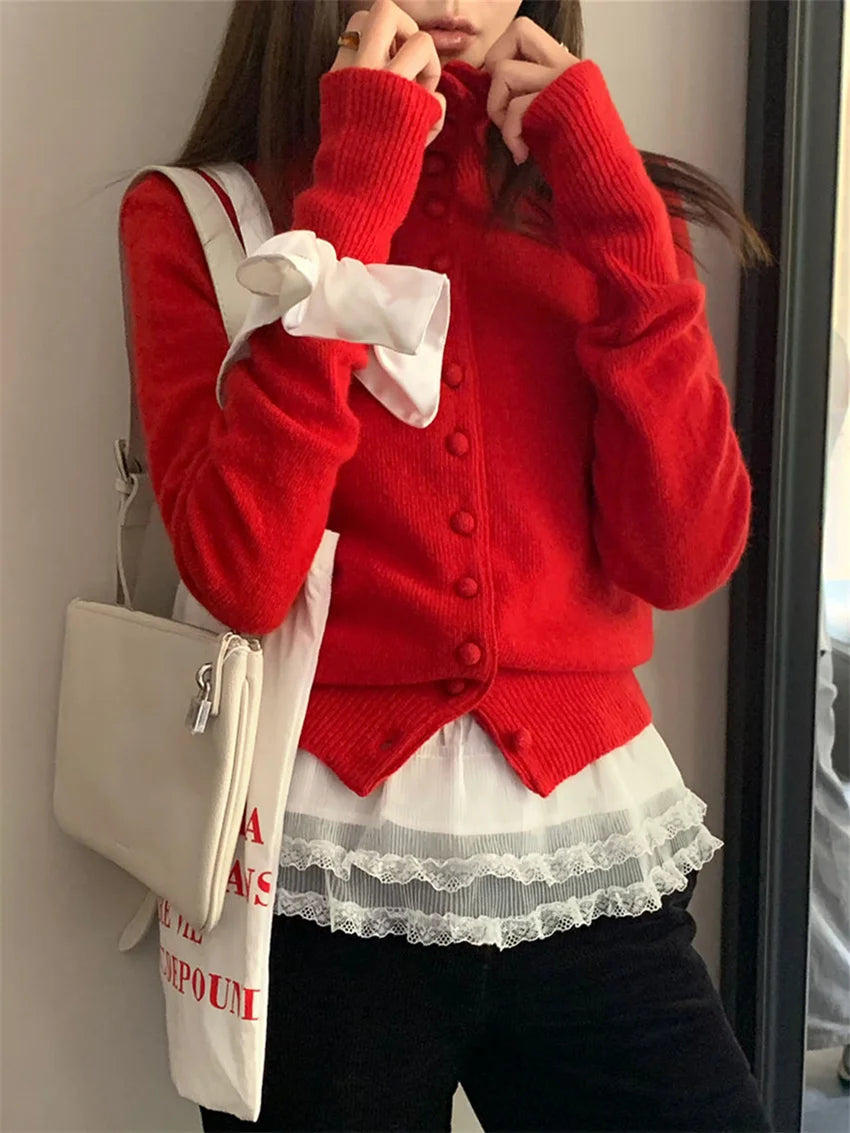 Red Sweaters Knitted Loose Daily All Match Autumn Cardigans New Gentle Sweet