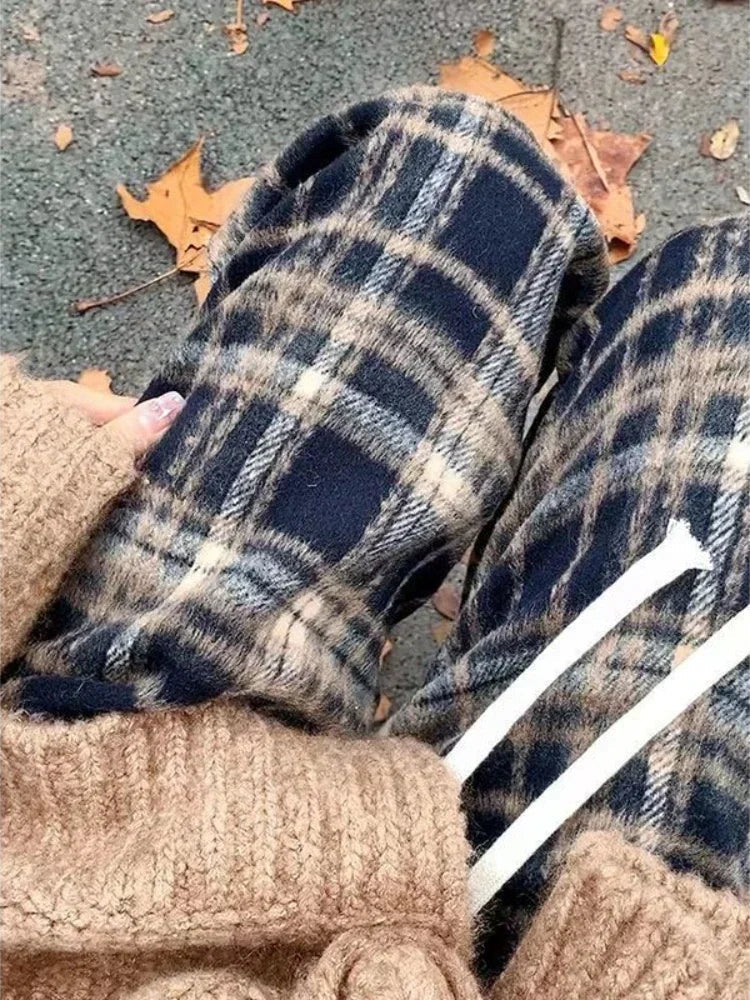 Red Plaid Pants Harajuku Korean Style Checked Trousers Y2k Classic Pants Warm Winter Wide Leg