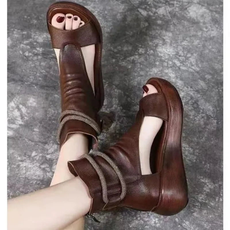 New Roman Shoes Summer Leisure High Top Elevated Slope Heel Cool Boots Soft Leather Thick Sole Fish Mouthsandals