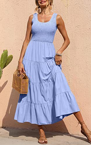 Dresses for Summer Sleeveless Color Long Dress Elastic Waist Beach Party Big Swing