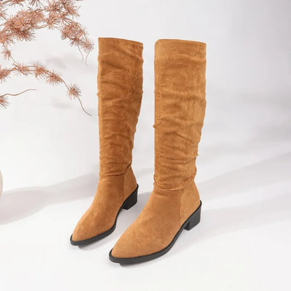 New Shoes for Classic Pointed Toe Pleated Boots Autumn Winter Suede Flock Knee High Boots Zapatos Mujer