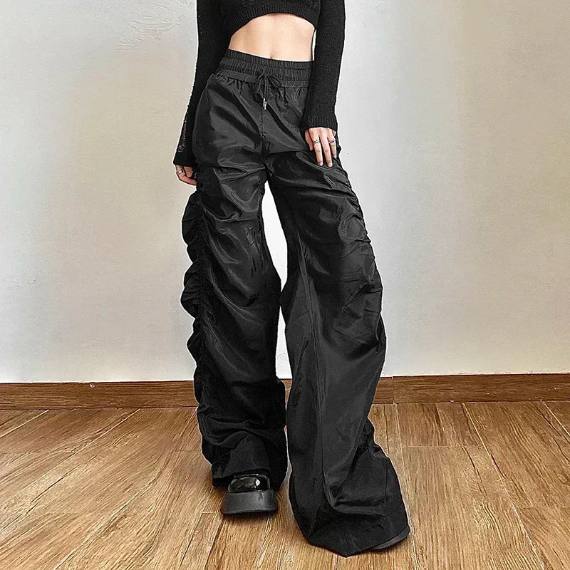 High Waist Drawstring Black Pants Spring New Pleated Loose All Match Wide Leg Pants