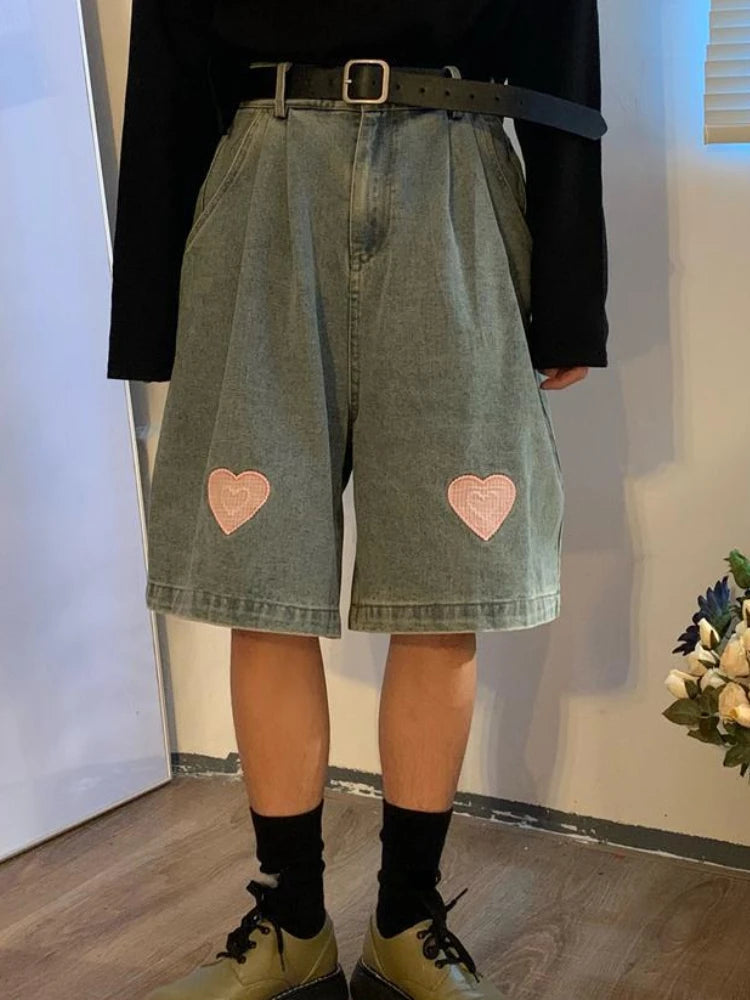 Print Washed Wide Leg Denim Pants Couple Oversized Cropped Baggy Jeans 2000s Y2k Shorts