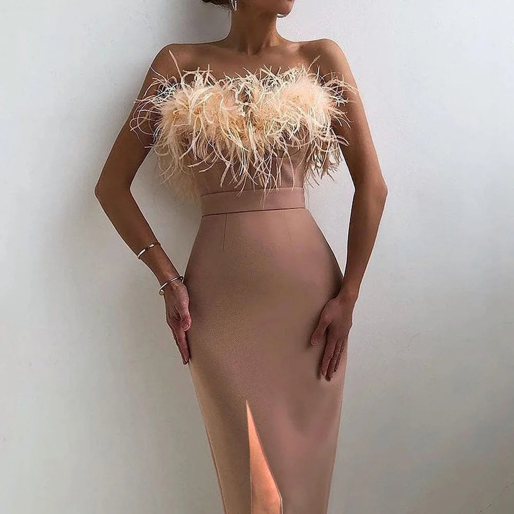 Spring/summer Dress Strap Feather Dress Split Hem Long Dress Vestidos Femme Party Bodycon Dress New