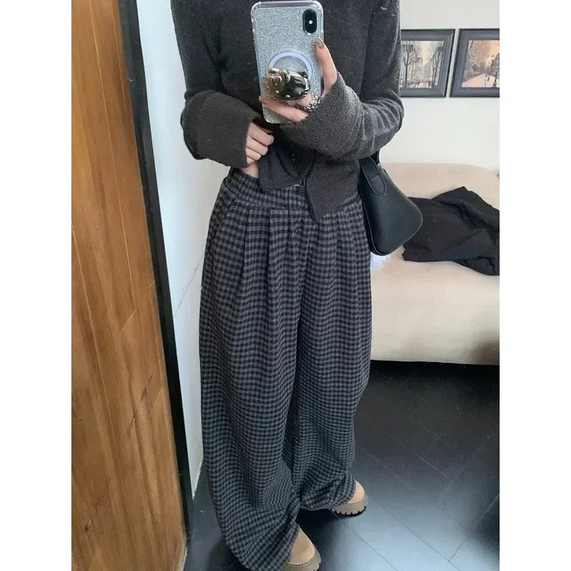 High Waist All Match Tweed Pants Spring New Contrast Color Plaid Wide Leg Pants
