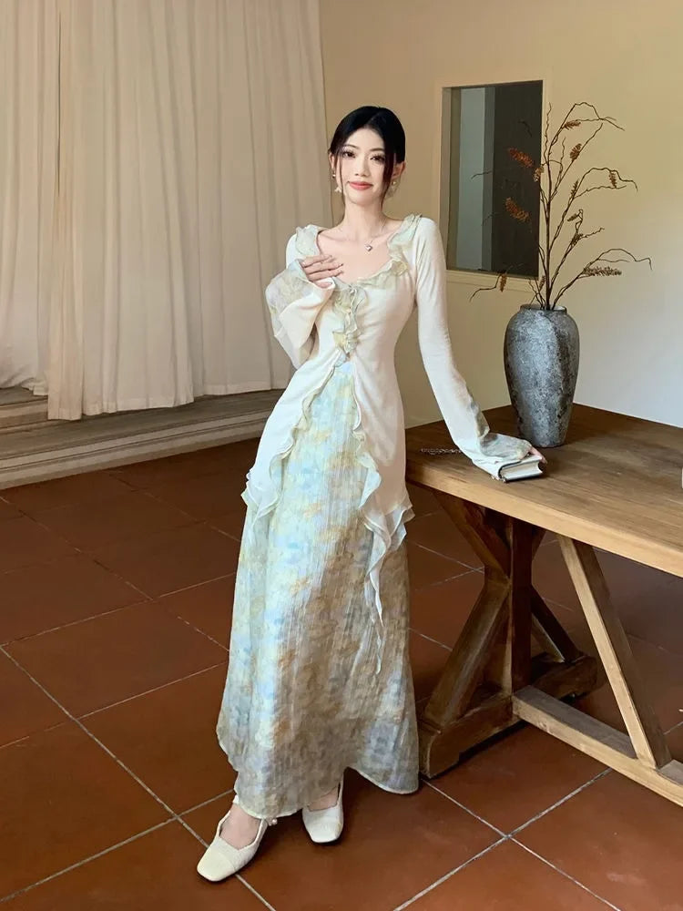 Gentle Wind Ruffle Design Dress for New Niche Shirt Top Autumn Skirt Suit Daily Long Dresses