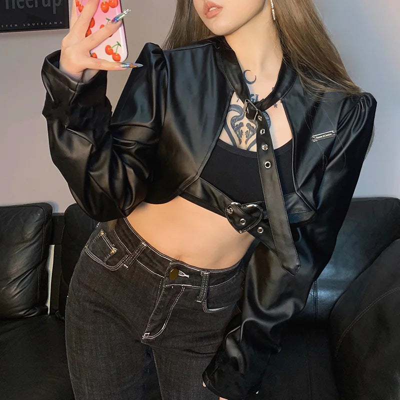 Punk Style Buckles Black Pu Leather Jacket Spring Autumn Smock Cropped Coat Cardigan Outfits
