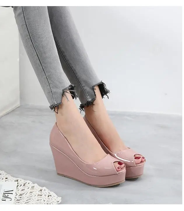 3143 New Wedge Open Toe Shoes High Heel Platform Shoes Patent Leather