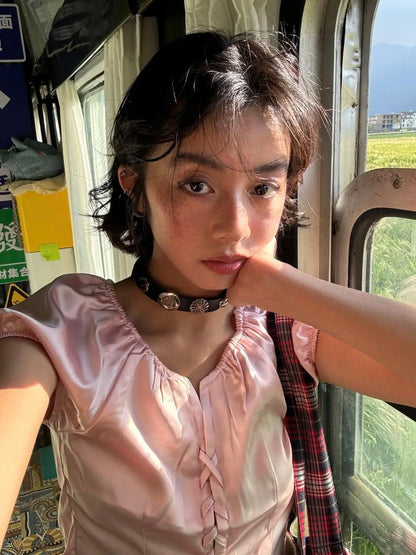 Summer American Retro Pink Pleated Hollow Lace Up Design Blouses Female Short Sleeve Shirt Top Spicy Girl Slim Short Top