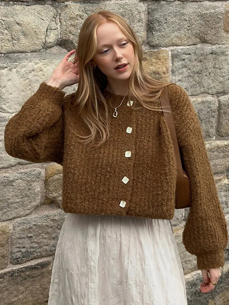 Color Simple Knitted Cardigan Loose Round Neck Single Breasted Sweater Retro Tops Short Sweaters