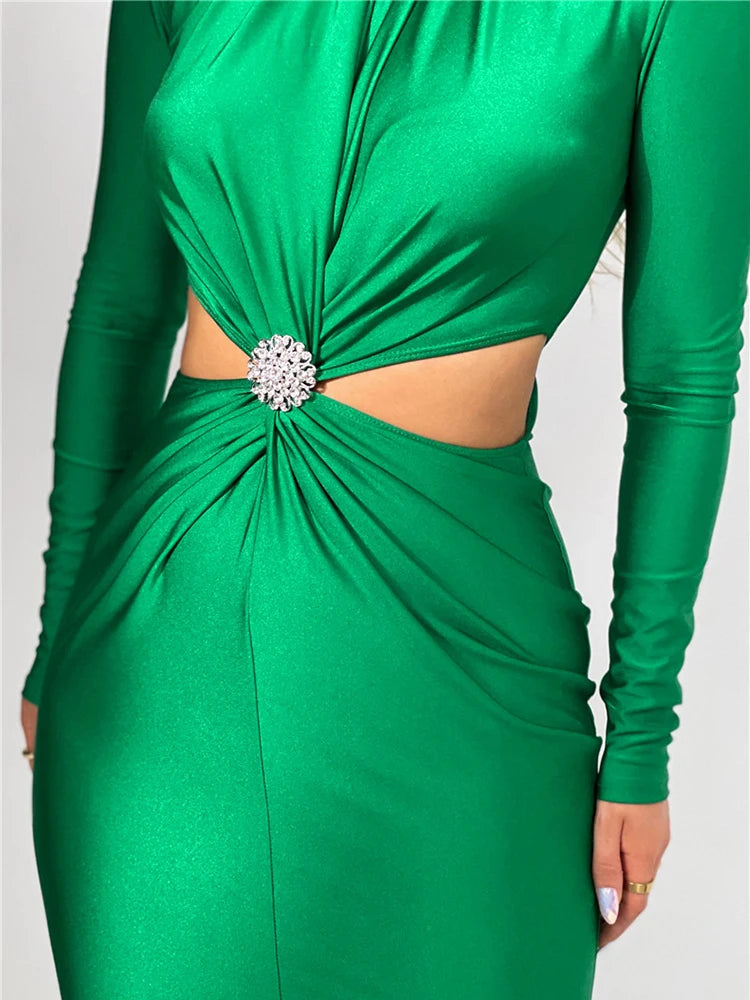 Hollow Out Maxi Dress for Autumn Winter New Turtleneck Long Sleeve Bodycon Club Party Evening Dress