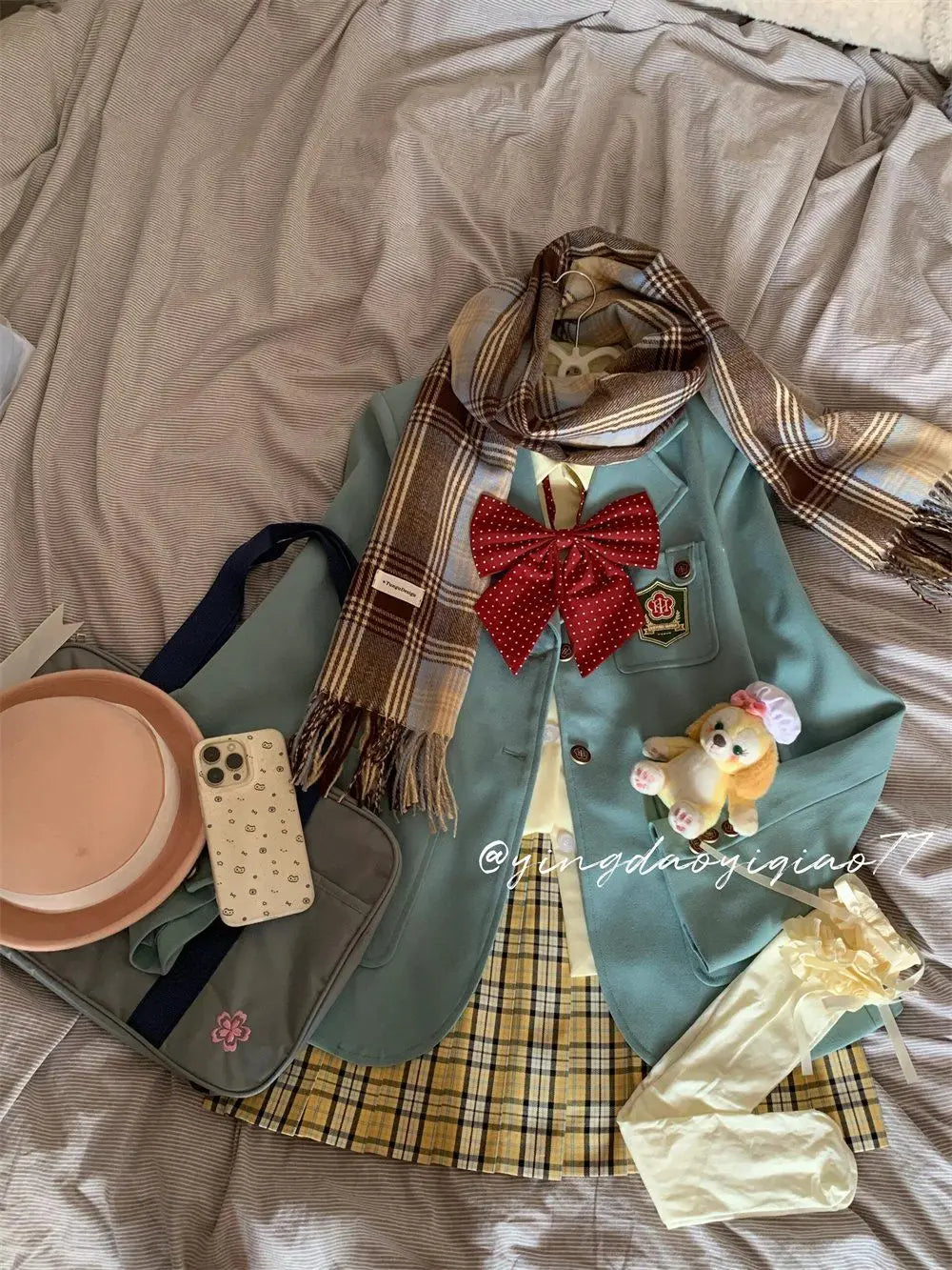 Autumn New Korean College Style Jk Uniform Suit Coat Bow Long Sleeve Shirt Plaid Pleated Skirt Set 3piece Set for