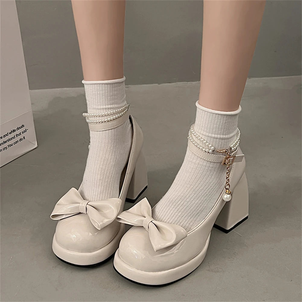 Lolita Bow Bow Decor Pumps Platform Chunky High Heels Ankle Strap Sweet Pumps for Girl Shoes