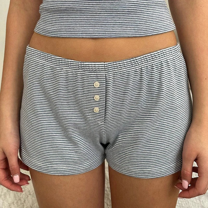 Striped Loungwear Lace Trim V Neck Sleeveless Camis Crop Tops + Shorts Kawaii Pajamas 2 Piece Set Y2k Retro Outfits