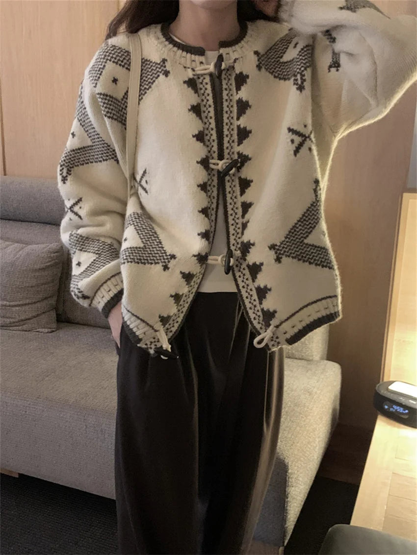 Winter Sweaters Loose Knitwear New Horn Buttons Slim Office Lady Cardigans Daily Coat