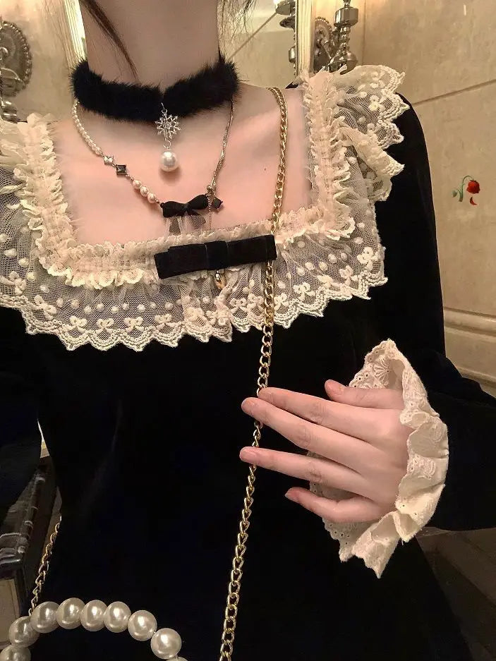 French Style Bow Lace Velvet Long Dress Autumn New Long Sleeve Temperament Princess Style Dresses