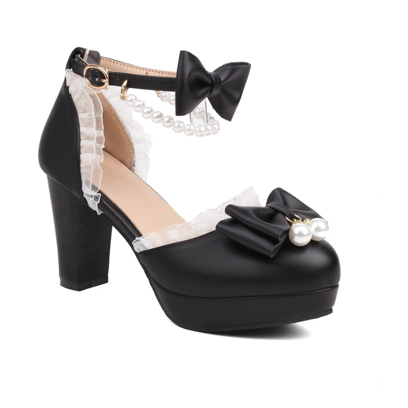Ankle Strap Twopiece Lolita Pump Round Toe Platform Kawaii Thick High Heel Bow Buckle Bead Cosplay Shoes Autumn