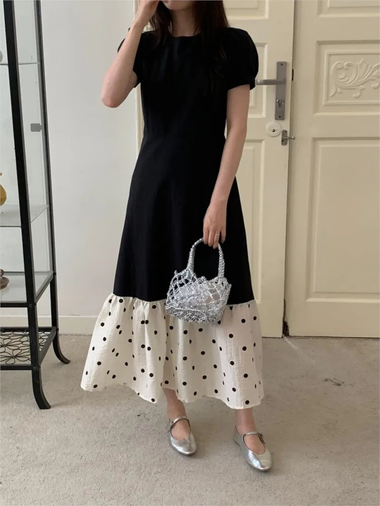 French Black Midi Dresses for Puff Sleeve A-line Patchwork Dot Korean One Piece Vestido Autumn New
