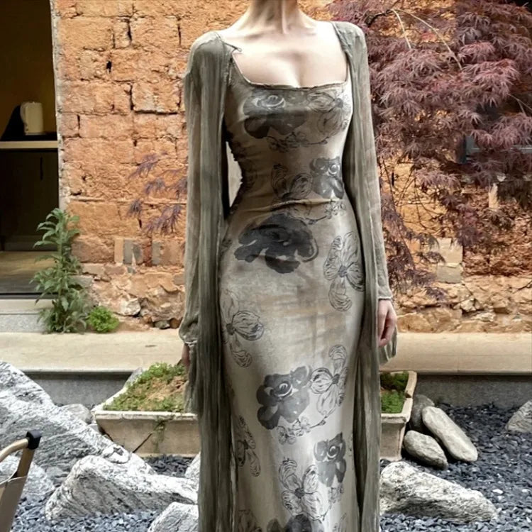 New Chinese Style Retro Ink Painting Slim Fit Velvet Dress for + Long Sleeve Sun Protection Cardigan Y2k Two Piece Sets