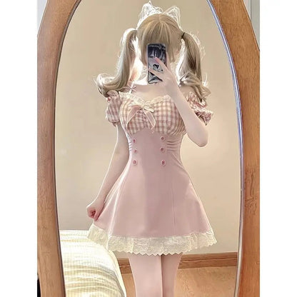 Princess Dress Pink Plaid Bow Onepiece Collar Lace Ruffle Party Mini Dresses Female Japanese Style Sweet Slim Dress